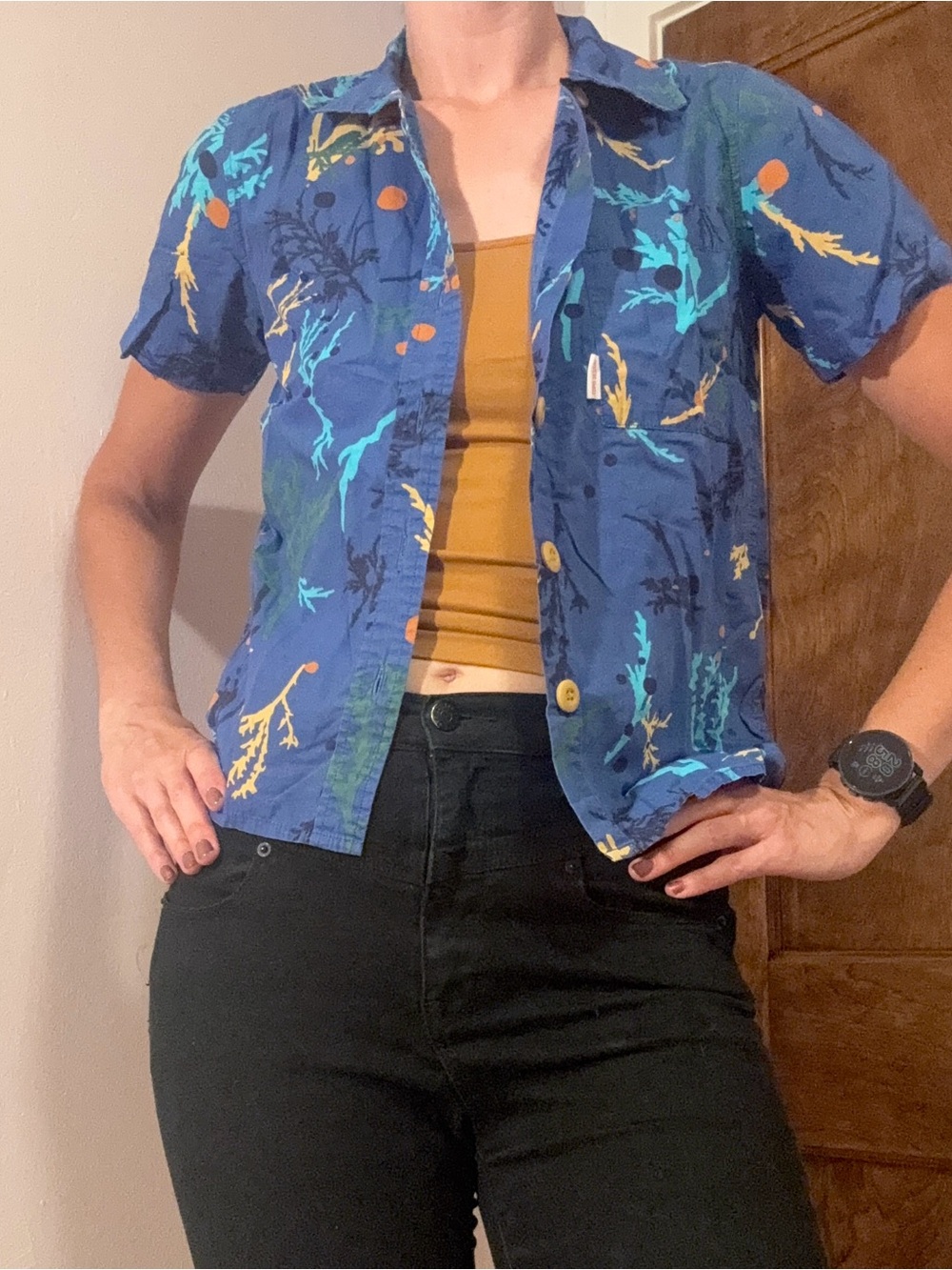 Topo Designs Tour Print Blue Floral Print Short-Sleeve Button-Down Shirt